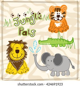 Cute African wild animals embroidery illustrations .