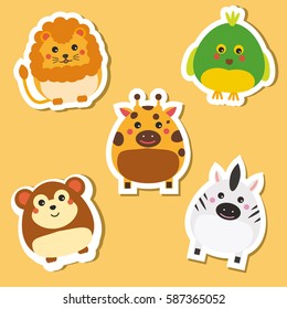 Cute african wild animals. Stickers set. Children style, isolated design elements, vector illustration. Lion, parrot, zebra, giraffe, monkey. Isolated design elements for kids books