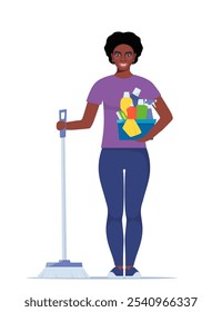 Cute African woman character stands with brush for sweeping the floor and set of detergents. Cleaning concept vector illustration. Woman cleans the house. Cleaning service. Spring cleaning