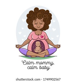 Cute African woman, expecting a child and doing yoga. Baby inside pregnant belly is doing yoga too. Pregnant Lady waiting for baby vector illustration. Happy beautiful mother to be. 