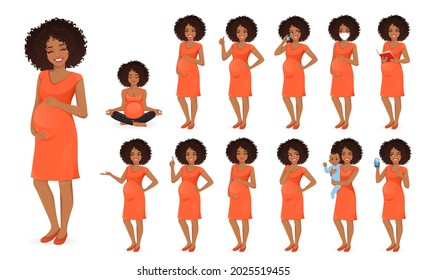 Cute african woman pregnant in dress standing in different poses isolated vector illustration. Young mother holding her newborn baby