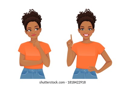 Cute african young woman thinking looking away and making idea pointing up isolated on white background vector illustration