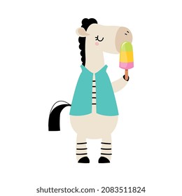 Cute African Zebra Animal Eating Popsicle on Stick Enjoying Hot Summer Activity Vector Illustration