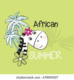 cute african zebra with palm tree, T-shirt graphics for kids vector illustration