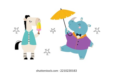 Cute African Zebra and Rhino Walking with Parasol and Eating Popsicle Enjoying Hot Summer Vector Set