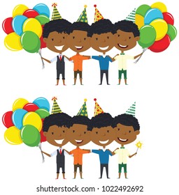 Cute African-American boys huggings and  carrying colorful bright balloons. Happy Birthday celebration. Flat style vector illustration for greeting card and posters. Cute kids with presents