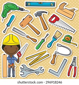 Cute African-American carpenter with tools