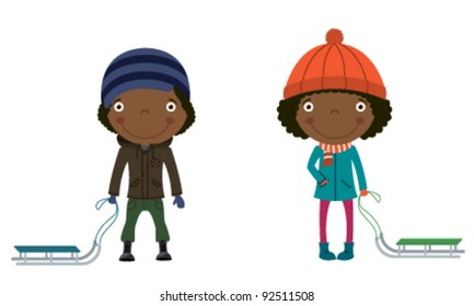 Cute African-American children with sleds ready to ride