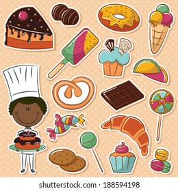 Cute African-American confectioner with different sweets
