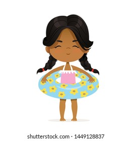 Cute African-American girl stay in inflatable circle. Child Relax at Summer. Pool Party Girl with Inflatable Ring. Smiling Dark Skin Girl Character Isolated. Vacation Flat Cartoon Vector Illustration