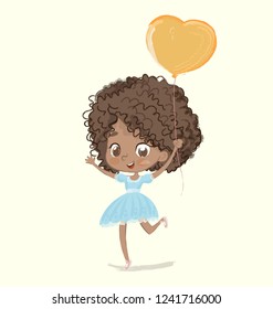 Cute African-American happy girl with the balloon and birthday hat wearing blue dress happily jumping with their hands up. Birthday party character vector illustration for website banner, poster, flye