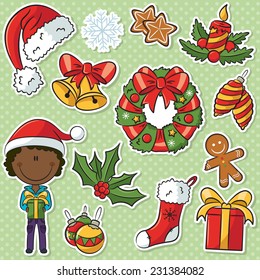 Cute African-American  Santa Boy With Christmas Gifts And Decorations Sticker Set
