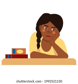Cute African-American schoolgirl is bored at her desk. The girl listens to the lesson. Back to school. Vector illustration in a flat cartoon style, isolated on a white background