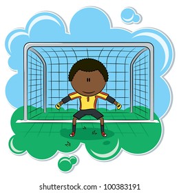 Cute African-American soccer goalkeeper on the gate