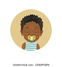 Cute Afro American baby sleeping with a  soother emoticon. Sleepy African child with a pacifier emoji. Dark-skinned toddler sleep with dummy facial expression isolated vector illustration.