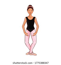 Cute Afro American ballerina performs ballet figures, dance pose. Vector illustration isolated on a white background. Character, symbol, design element.