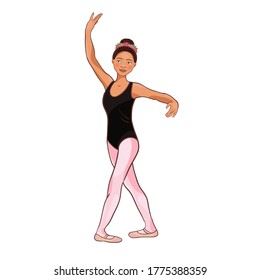 Cute Afro American ballerina performs ballet figures, dance pose. Vector illustration isolated on a white background. Character, symbol, design element.