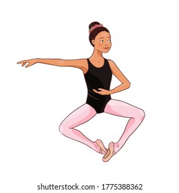 Cute Afro American ballerina performs ballet figures, dance pose. Vector illustration isolated on a white background. Character, symbol, design element.