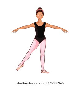 La bailarina afroamericana cute representa figuras de ballet, pose de baile. Ilustración vectorial aislada en un fondo blanco. Carácter, símbolo, elemento de diseño.