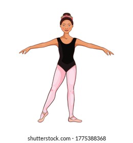 Cute Afro American ballerina performs ballet figures, dance pose. Vector illustration isolated on a white background. Character, symbol, design element.