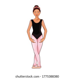 Cute Afro American ballerina performs ballet figures, dance pose. Vector illustration isolated on a white background. Character, symbol, design element.