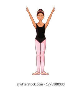Cute Afro American ballerina performs ballet figures, dance pose. Vector illustration isolated on a white background. Character, symbol, design element.