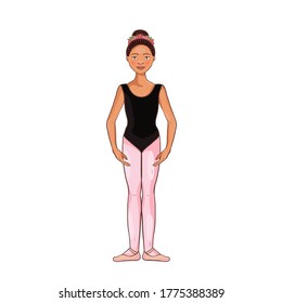 Cute Afro American ballerina performs ballet figures, dance pose. Vector illustration isolated on a white background. Character, symbol, design element.