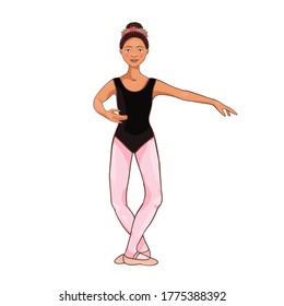 Cute Afro American ballerina performs ballet figures, dance pose. Vector illustration isolated on a white background. Character, symbol, design element.