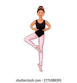 Cute Afro American ballerina performs ballet figures, dance pose. Vector illustration isolated on a white background. Character, symbol, design element.