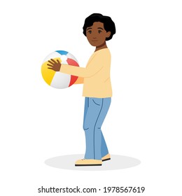 Cute afro american boy with a ball isolated on white background. Favorite toy. Vector illustration.