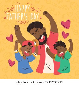 Cute afro american cartoon playing with his children Happy father day Vector illustration