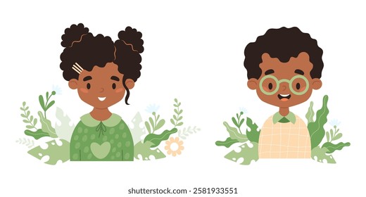 Cute afro american children. Portrait happy ethnic boy with glasses and smiling curly girl in green eco-friendly clothes with leaves and flowers. Isolate vector illustration in flat style