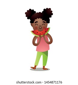 Cute afro american girl eating fresh watermelon piece