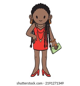 Cute afro american girl in red cocktail dress and high heels with a clutch. Isolated coloured vector drawing in cartoon style.