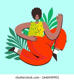 Cute afro american girl and tropical leaves on a blue background. Beauty, fashion concept. Card for the eighth of March. Feminism concept. T shirt print design 