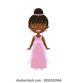 Cute afro american princess in beautiful dress isolated on white background. Flat cartoon style. Vector illustration