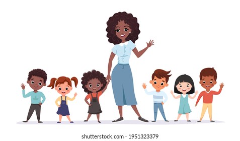 Cute Afro American teacher standing with pupils kids smiling and waving. Elementary school classmates portrait with the teacher Back to school concept. Vector cartoon illustration for poster, website.