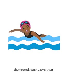 Joven afro-americana tarareando en el agua azul. Un nadador africano sonriente en la piscina. Ilustración aislada de vectores