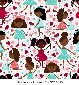 Cute Afro black cartoon girls having fun on summer vocation repeating pattern