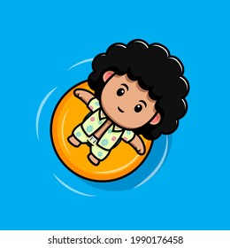 cute afro boy floating on water cartoon illustration