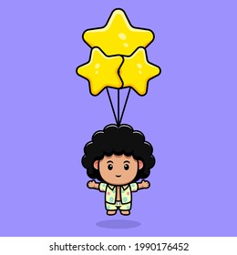 cute afro boy floating with star balloon cartoon illustration