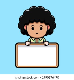 cute afro boy holding blank text box cartoon illustration