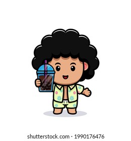 cute afro boy holding boba cartoon illustration