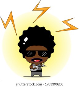 Cute afro boy practicing music with a guitar rock style