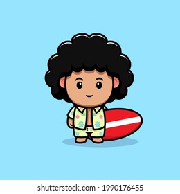 cute afro boy surfing cartoon illustration