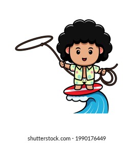 cute afro boy surfing with lasso cartoon illustration