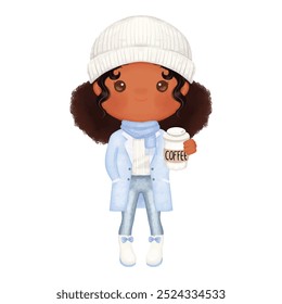 Cute afro girl with coffee and winter attire watercolor style