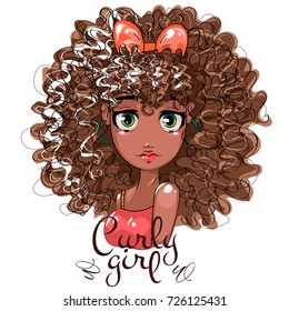 Cute Afro girl with curly hair, beauty fashion girl portrait, cartoon character, hand drawn vector illustration art