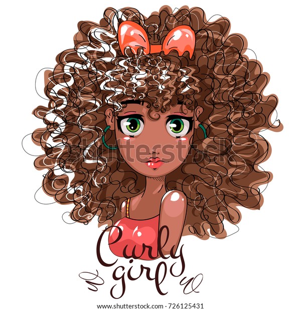 巻き毛のかわいいアフロ少女 美人ファッションガールのポートレート 漫画のキャラクター 手描きのベクターイラストアート のベクター画像素材 ロイヤリティフリー