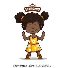 Cute Afro girl smiling with a yellow dress of white flowers and fuchsia stockings, making sign of being strong on white background. with a strong sign on top